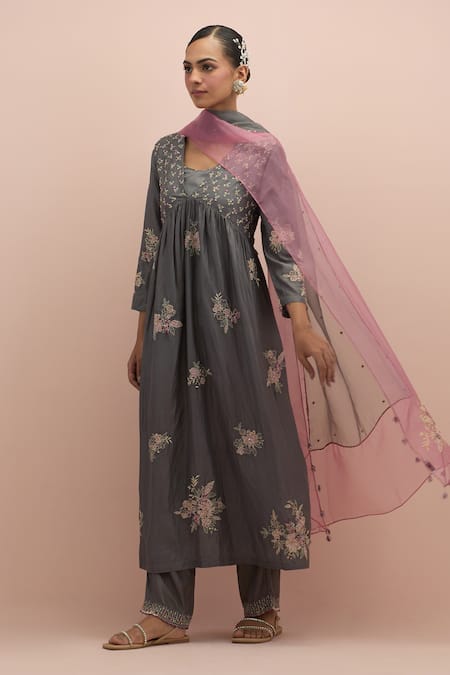 KORA Grey Anarkali And Pant Silk Embellished Bead V-neck Floral Set 