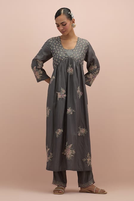 Buy Kora Grey , Organza Beads, Embroidery Floral Embellished Anarkali Pant Set Online at Aza Fashions Buy_Kora_Grey , Organza Beads, Embroidery Floral Embellished Anarkali Pant Set _Online_at_Aza_Fashions