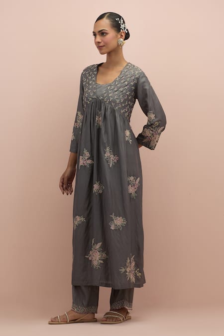 Shop Kora Grey , Organza Beads, Embroidery Floral Embellished Anarkali Pant Set Online at Aza Fashions Shop_Kora_Grey , Organza Beads, Embroidery Floral Embellished Anarkali Pant Set _Online_at_Aza_Fashions