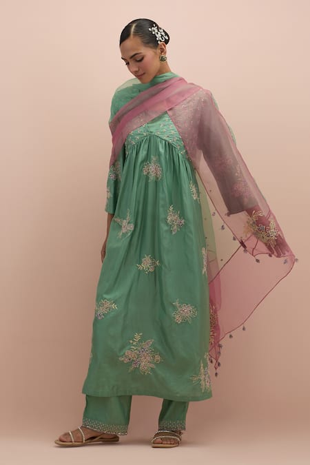 KORA Green Anarkali And Pant Silk Embellished Bead V-neck Floral Set 