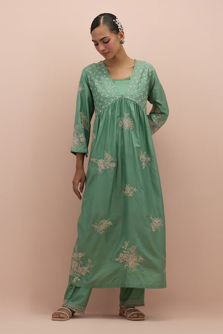 Shop Kora Green , Organza Beads, Embroidery Embellished Floral Anarkali Pant Set Online at Aza Fashions Shop_Kora_Green , Organza Beads, Embroidery Embellished Floral Anarkali Pant Set _Online_at_Aza_Fashions