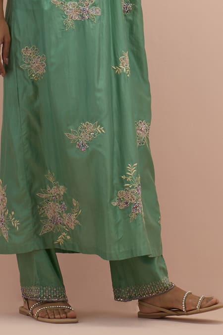 Buy Kora Green , Organza Beads, Embroidery Embellished Floral Anarkali Pant Set Buy_Kora_Green , Organza Beads, Embroidery Embellished Floral Anarkali Pant Set