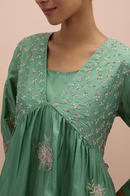 Shop Kora Green , Organza Beads, Embroidery Embellished Floral Anarkali Pant Set Shop_Kora_Green , Organza Beads, Embroidery Embellished Floral Anarkali Pant Set