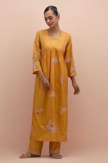 Kora_Yellow , Organza Beads, Embroidery V-neck Embellished Anarkali Pant Set _Online_at_Aza_Fashions