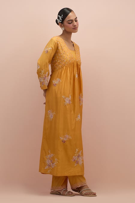 Shop_Kora_Yellow , Organza Beads, Embroidery V-neck Embellished Anarkali Pant Set _Online_at_Aza_Fashions