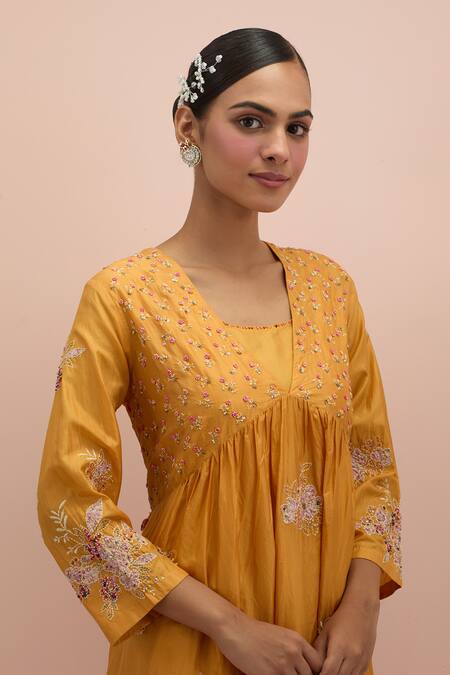 Kora_Yellow , Organza Beads, Embroidery V-neck Embellished Anarkali Pant Set _at_Aza_Fashions