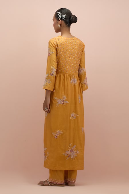 Shop_Kora_Yellow , Organza Beads, Embroidery V-neck Embellished Anarkali Pant Set _at_Aza_Fashions
