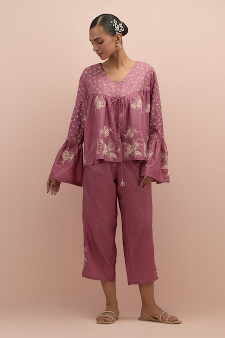 KORA Silk Floral Applique Top With Pant 