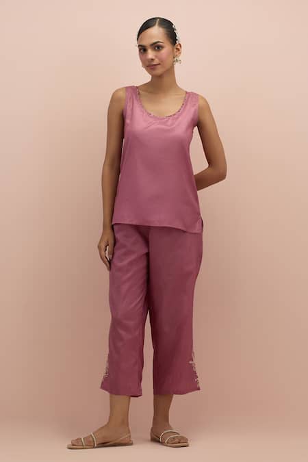 Kora_Pink Silk Applique, Beads, Embroidery V-neck Floral Top With Pant _Online_at_Aza_Fashions