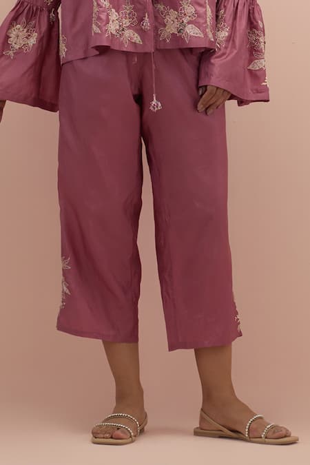 Buy_Kora_Pink Silk Applique, Beads, Embroidery V-neck Floral Top With Pant _Online_at_Aza_Fashions