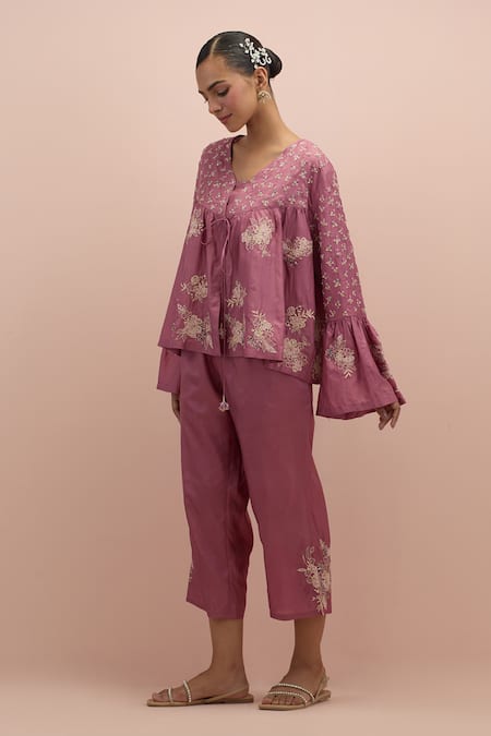Shop_Kora_Pink Silk Applique, Beads, Embroidery V-neck Floral Top With Pant _Online_at_Aza_Fashions