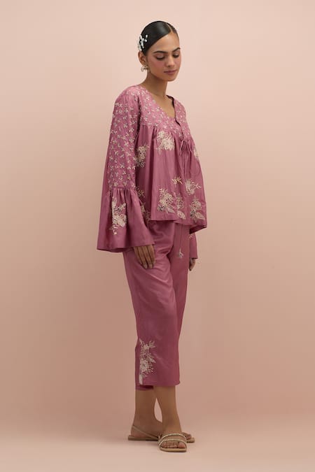 Kora_Pink Silk Applique, Beads, Embroidery V-neck Floral Top With Pant _at_Aza_Fashions