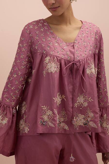 Buy_Kora_Pink Silk Applique, Beads, Embroidery V-neck Floral Top With Pant 