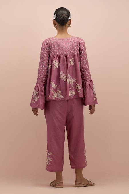 Shop_Kora_Pink Silk Applique, Beads, Embroidery V-neck Floral Top With Pant _at_Aza_Fashions