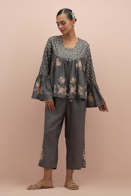 KORA Silk Applique Floral Top With Pant 