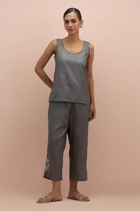 Kora_Grey Silk Beads, Applique, Embroidery V-neck Floral Top With Pant _Online_at_Aza_Fashions