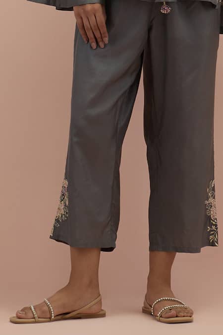 Buy_Kora_Grey Silk Beads, Applique, Embroidery V-neck Floral Top With Pant _Online_at_Aza_Fashions