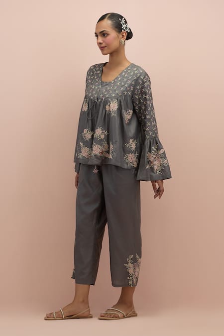 Shop_Kora_Grey Silk Beads, Applique, Embroidery V-neck Floral Top With Pant _Online_at_Aza_Fashions