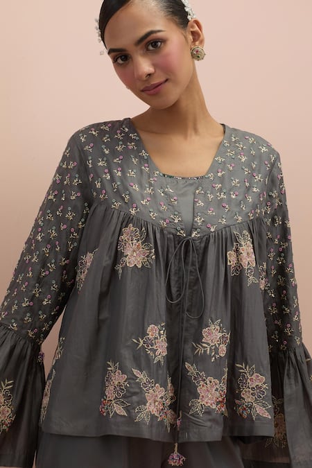 Kora_Grey Silk Beads, Applique, Embroidery V-neck Floral Top With Pant _at_Aza_Fashions