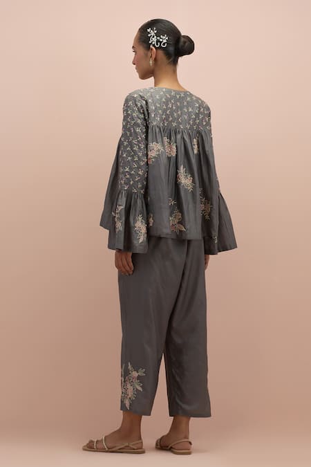 Shop_Kora_Grey Silk Beads, Applique, Embroidery V-neck Floral Top With Pant _at_Aza_Fashions