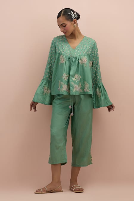 KORA Silk Applique Embellished Top With Pant 