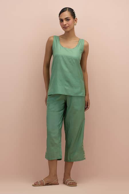Kora Green Silk Beads, Applique, Embroidery V-neck Embellished Top With Pant Online at Aza Fashions Kora_Green Silk Beads, Applique, Embroidery V-neck Embellished Top With Pant _Online_at_Aza_Fashions