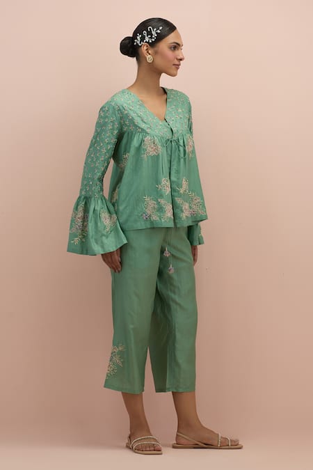 Shop Kora Green Silk Beads, Applique, Embroidery V-neck Embellished Top With Pant Online at Aza Fashions Shop_Kora_Green Silk Beads, Applique, Embroidery V-neck Embellished Top With Pant _Online_at_Aza_Fashions