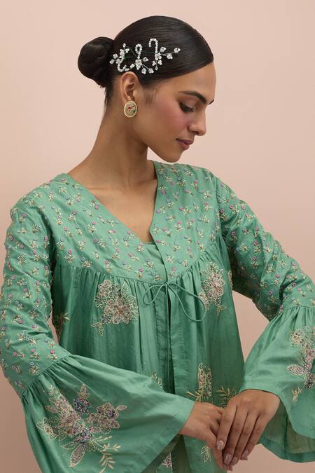 Kora Green Silk Beads, Applique, Embroidery V-neck Embellished Top With Pant at Aza Fashions Kora_Green Silk Beads, Applique, Embroidery V-neck Embellished Top With Pant _at_Aza_Fashions