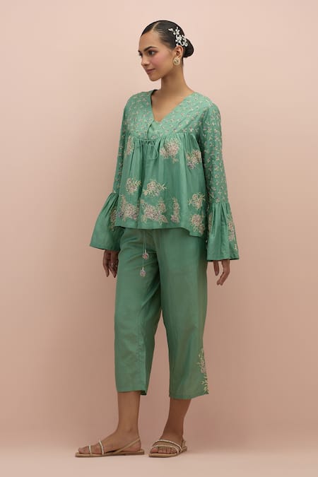 Shop Kora Green Silk Beads, Applique, Embroidery V-neck Embellished Top With Pant at Aza Fashions Shop_Kora_Green Silk Beads, Applique, Embroidery V-neck Embellished Top With Pant _at_Aza_Fashions