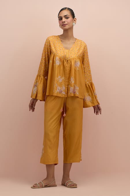 KORA Yellow Silk Embellished Bead Top V-neck Floral With Pant 