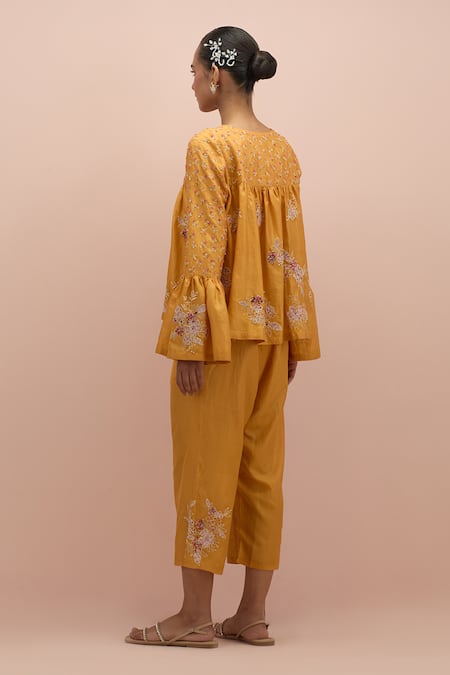 Shop Kora Yellow Silk Beads, Applique, Embroidery V-neck Floral Embellished Top With Pant at Aza Fashions Shop_Kora_Yellow Silk Beads, Applique, Embroidery V-neck Floral Embellished Top With Pant _at_Aza_Fashions