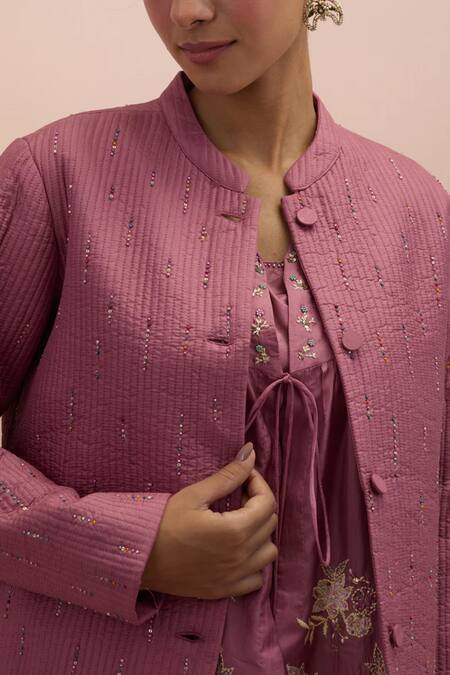 Kora_Pink Silk Embellished Bead  Collar Quilted Jacket Pant Set _Online_at_Aza_Fashions
