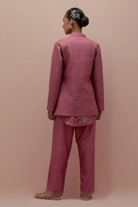 Shop_Kora_Pink Silk Embellished Bead  Collar Quilted Jacket Pant Set _at_Aza_Fashions