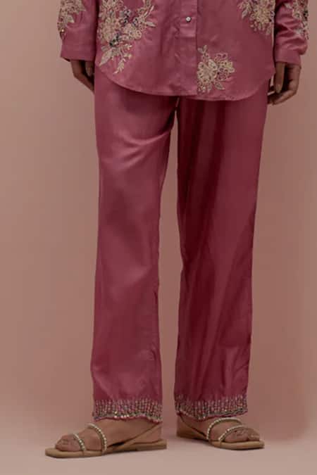 Buy_Kora_Pink Silk Embellished Bead  Collar Quilted Jacket Pant Set _Online_at_Aza_Fashions