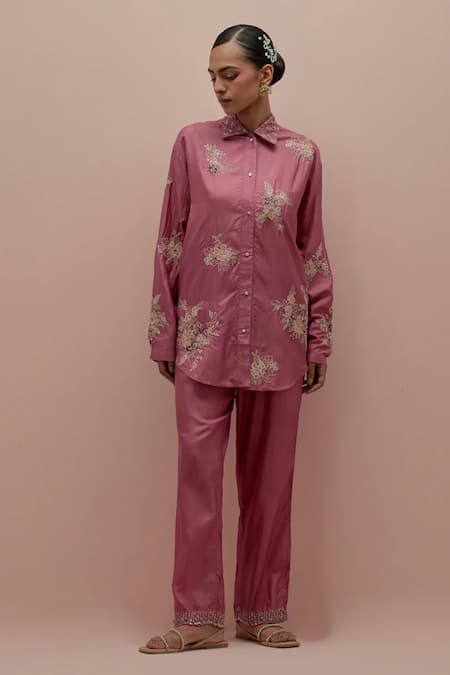 Shop_Kora_Pink Silk Embellished Bead  Collar Quilted Jacket Pant Set _Online_at_Aza_Fashions