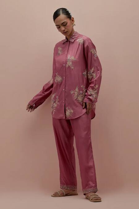 Kora_Pink Silk Embellished Bead  Collar Quilted Jacket Pant Set _at_Aza_Fashions