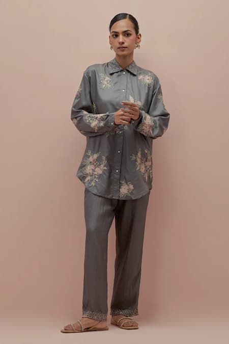 KORA Silk Floral Applique Shirt With Pant 