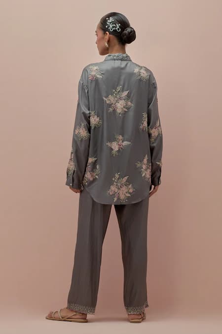 Shop_Kora_Grey Silk Embellished Bead Shirt Collar Floral Applique With Pant _at_Aza_Fashions