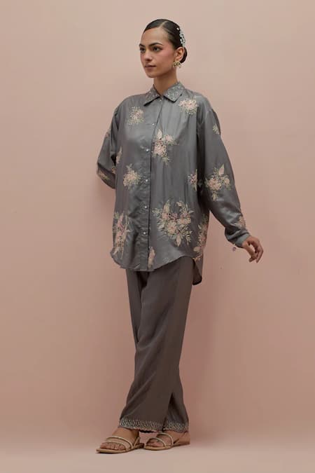 Kora_Grey Silk Embellished Bead Shirt Collar Floral Applique With Pant _Online_at_Aza_Fashions