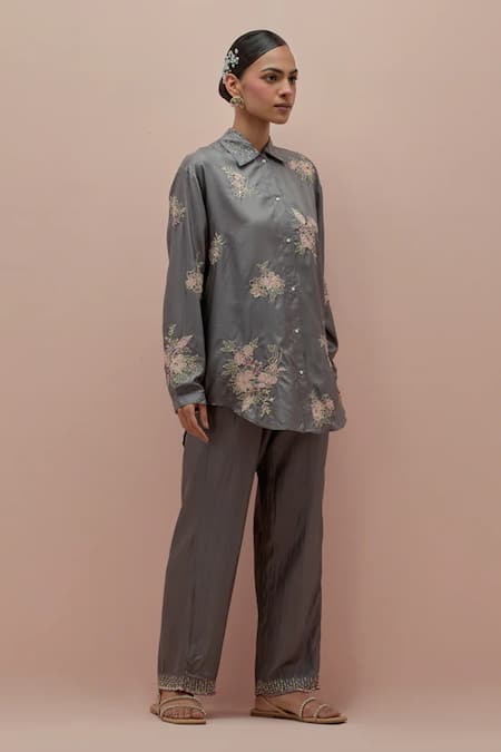 Buy_Kora_Grey Silk Embellished Bead Shirt Collar Floral Applique With Pant _Online_at_Aza_Fashions