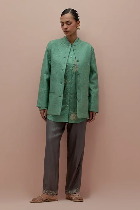 KORA Green Silk Embellished Bead  Collar Quilted Jacket Pant Set 