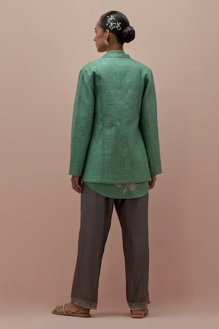 Shop Kora Green Silk Beads, Applique Mandarin Collar, Quilted Embellished Jacket Pant Set at Aza Fashions Shop_Kora_Green Silk Beads, Applique Mandarin Collar, Quilted Embellished Jacket Pant Set _at_Aza_Fashions