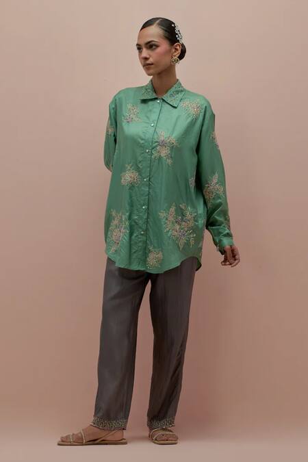 Buy Kora Green Silk Beads, Applique Mandarin Collar, Quilted Embellished Jacket Pant Set Online at Aza Fashions Buy_Kora_Green Silk Beads, Applique Mandarin Collar, Quilted Embellished Jacket Pant Set _Online_at_Aza_Fashions