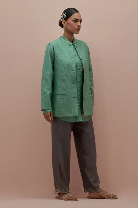 Shop Kora Green Silk Beads, Applique Mandarin Collar, Quilted Embellished Jacket Pant Set Online at Aza Fashions Shop_Kora_Green Silk Beads, Applique Mandarin Collar, Quilted Embellished Jacket Pant Set _Online_at_Aza_Fashions