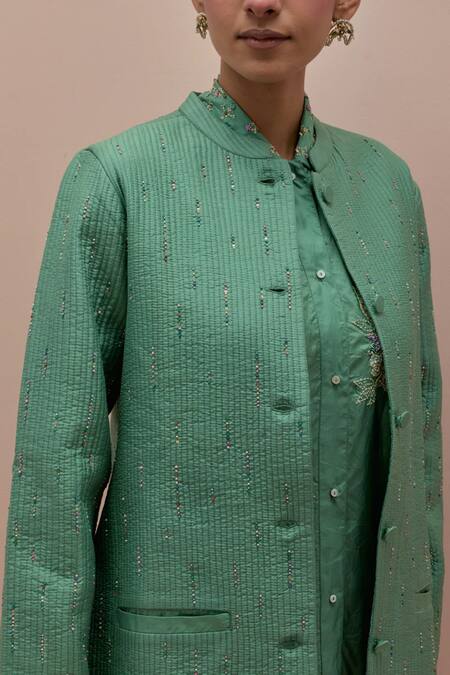 Kora Green Silk Beads, Applique Mandarin Collar, Quilted Embellished Jacket Pant Set at Aza Fashions Kora_Green Silk Beads, Applique Mandarin Collar, Quilted Embellished Jacket Pant Set _at_Aza_Fashions