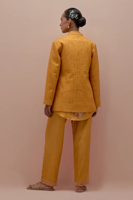 Shop Kora Yellow Silk Beads, Applique Mandarin Quilted Embellished Jacket Pant Set at Aza Fashions Shop_Kora_Yellow Silk Beads, Applique Mandarin Quilted Embellished Jacket Pant Set _at_Aza_Fashions