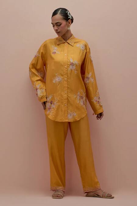 Kora Yellow Silk Beads, Applique Mandarin Quilted Embellished Jacket Pant Set Online at Aza Fashions Kora_Yellow Silk Beads, Applique Mandarin Quilted Embellished Jacket Pant Set _Online_at_Aza_Fashions