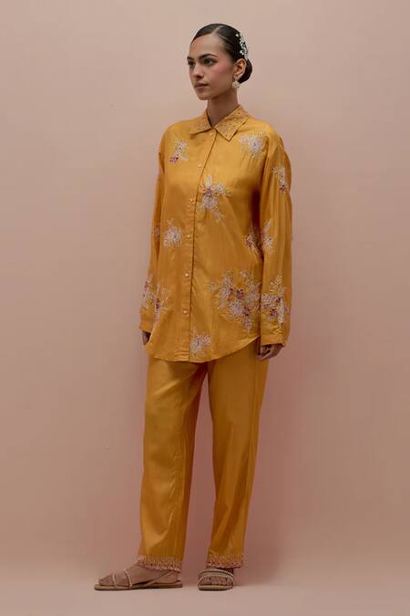 Buy Kora Yellow Silk Beads, Applique Mandarin Quilted Embellished Jacket Pant Set Online at Aza Fashions Buy_Kora_Yellow Silk Beads, Applique Mandarin Quilted Embellished Jacket Pant Set _Online_at_Aza_Fashions