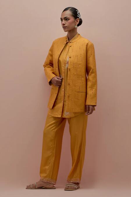 Shop Kora Yellow Silk Beads, Applique Mandarin Quilted Embellished Jacket Pant Set Online at Aza Fashions Shop_Kora_Yellow Silk Beads, Applique Mandarin Quilted Embellished Jacket Pant Set _Online_at_Aza_Fashions