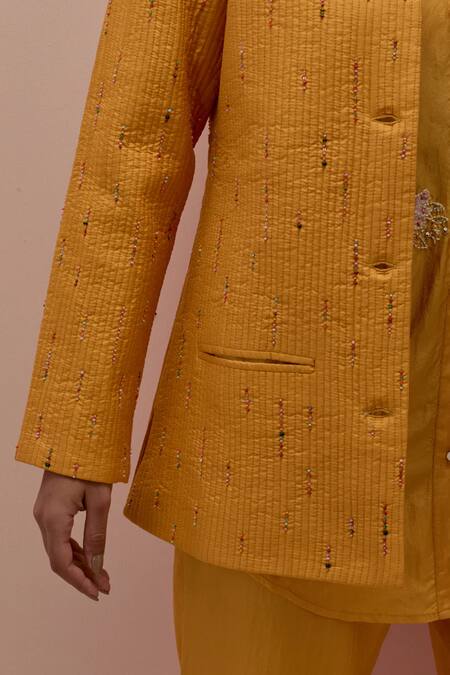 Kora Yellow Silk Beads, Applique Mandarin Quilted Embellished Jacket Pant Set at Aza Fashions Kora_Yellow Silk Beads, Applique Mandarin Quilted Embellished Jacket Pant Set _at_Aza_Fashions